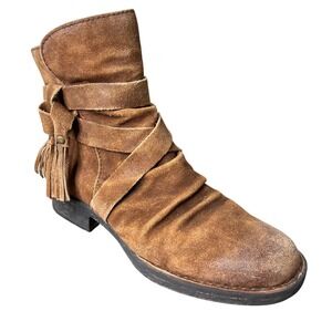 Born Boots Size 7.5 Eton F51326 Brown Suede Strappy Tassel Ankle Low Heel Zip